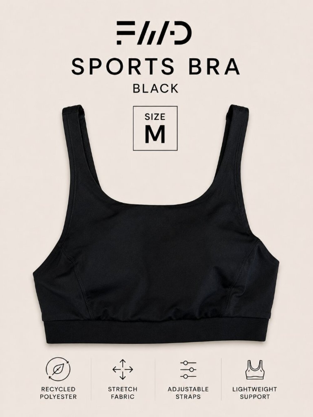 FWD Black Athletic Sports Bra | Minimalist Workout Crop Top Size M